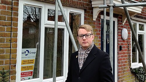 University Ward spokesperson James Hawketts in front of an empty council house.