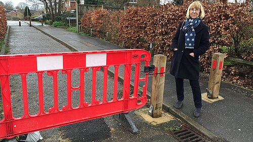 Cllr Caroline Ackroyd with the Bollards on Sunningdale.